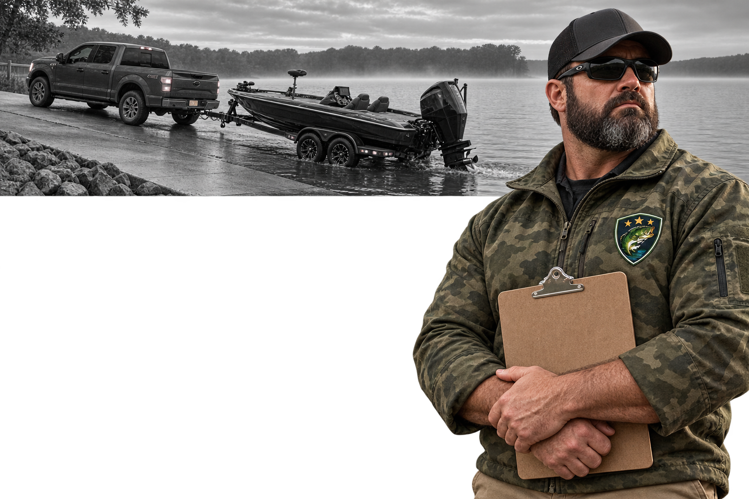 The Marshal, BCM’s fictional club assistant, holds a clipboard in an olive camouflage jacket with the BCM shield. A grayscale pickup and bass boat back down a launch ramp behind him.